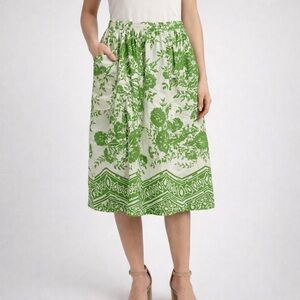 Tibi 100% Silk Green Floral Print A-Line Midi Skirt Pockets Size 4